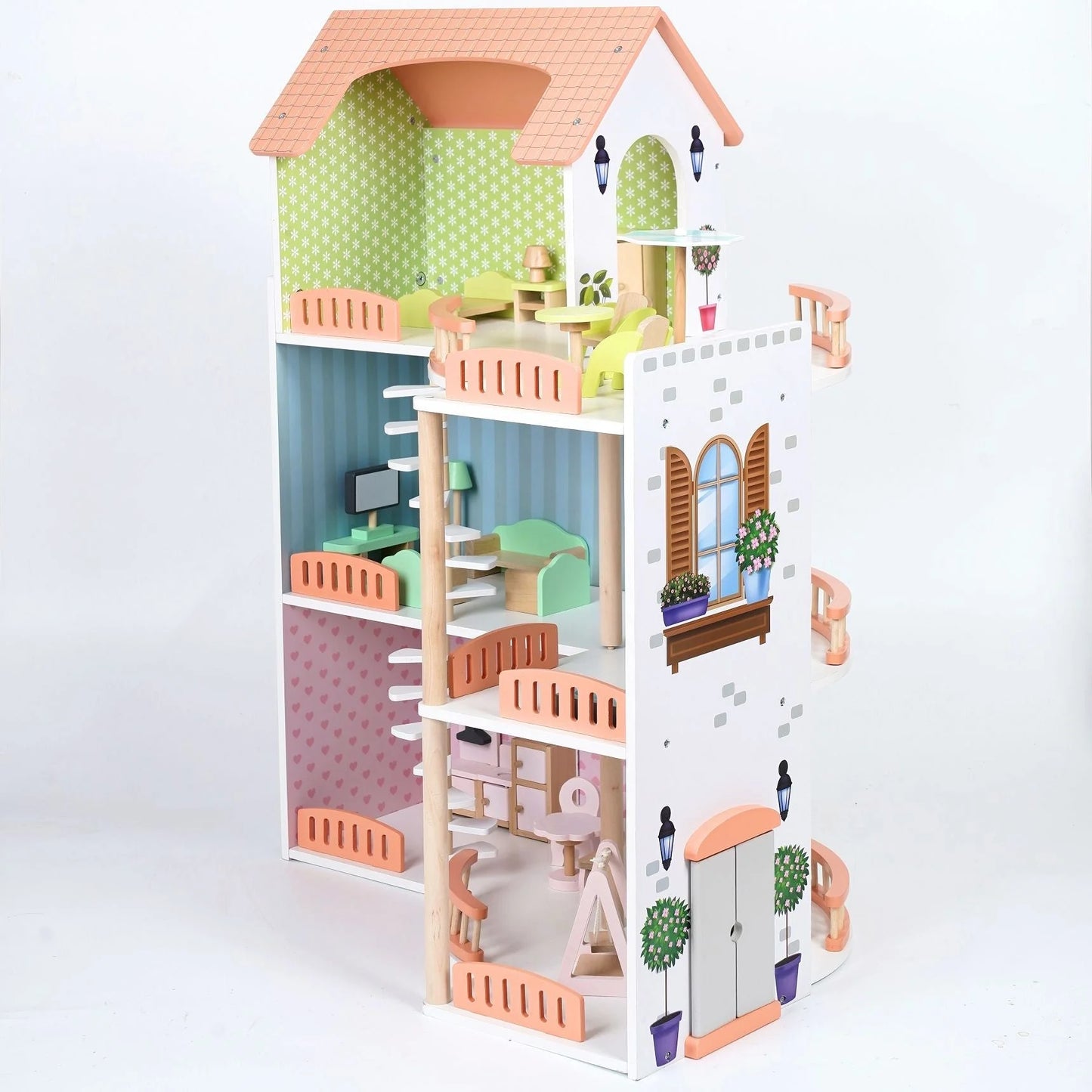 Dreistöckiges Holzpuppenhaus mit rosa Balkonen und dekorativen Außendetails.
