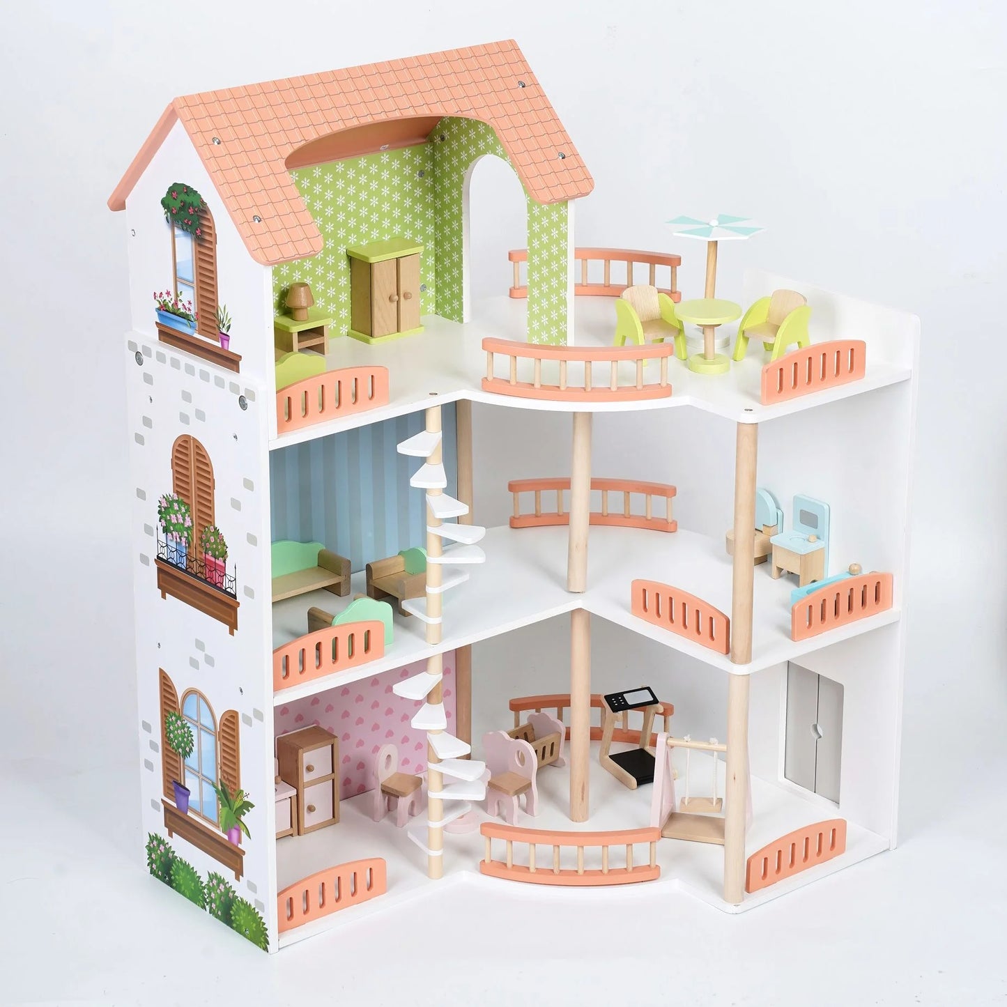 Dreistöckiges Puppenhaus mit rosa Dach, weißen Wänden und verzierten Balkonen.