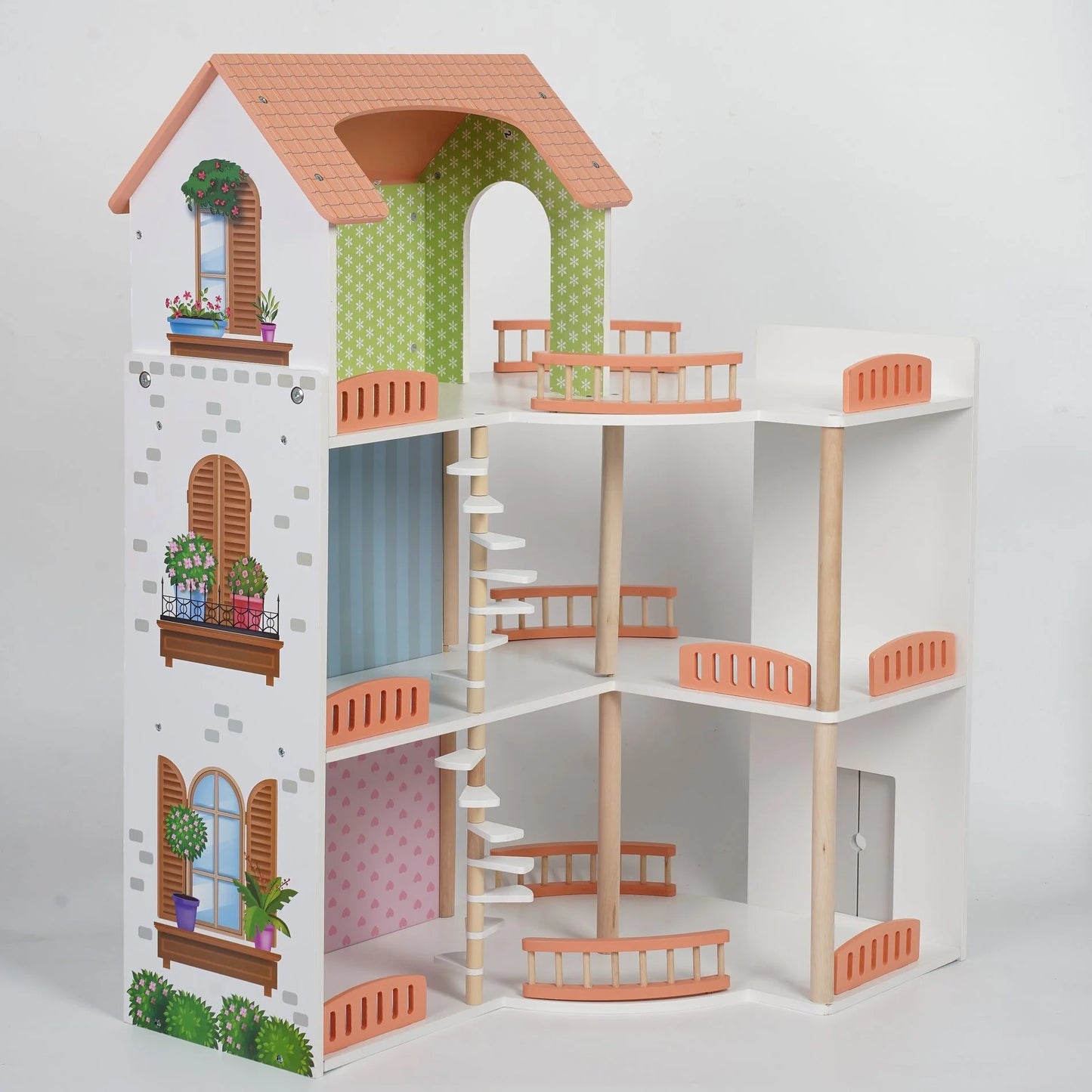 Dreistöckiges Puppenhaus mit pfirsichfarbenen Balkonen und dekorativen Blumenkästen.