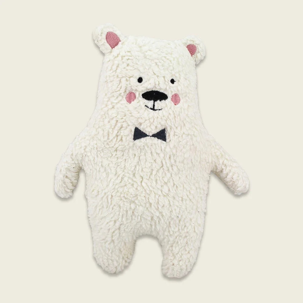Weißer Plüsch-Teddybär mit schwarzer Fliege.
