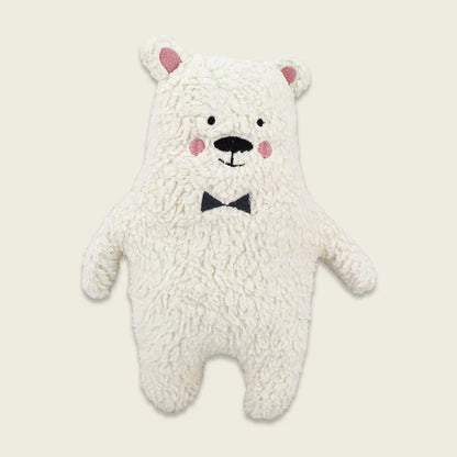 Weißer Plüsch-Teddybär mit schwarzer Fliege.