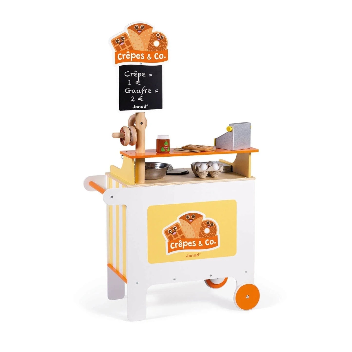 Spielzeug-Crepe-Wagen aus Holz mit Kochzubehör und einer Speisekarte mit Kreidetafel.