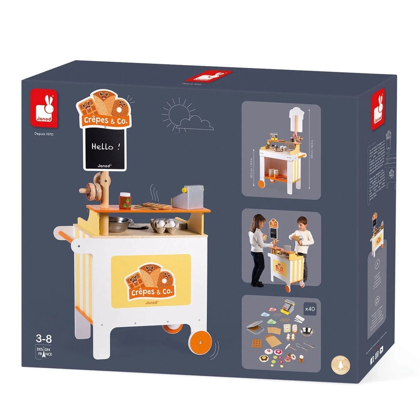 Spielzeug-Essenswagen oder Crêpe-Stand aus Holz mit einer Speisekarte aus Kreide und Kochzubehör.