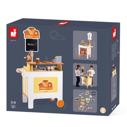Spielzeug-Essenswagen oder Crêpe-Stand aus Holz mit einer Speisekarte aus Kreide und Kochzubehör.