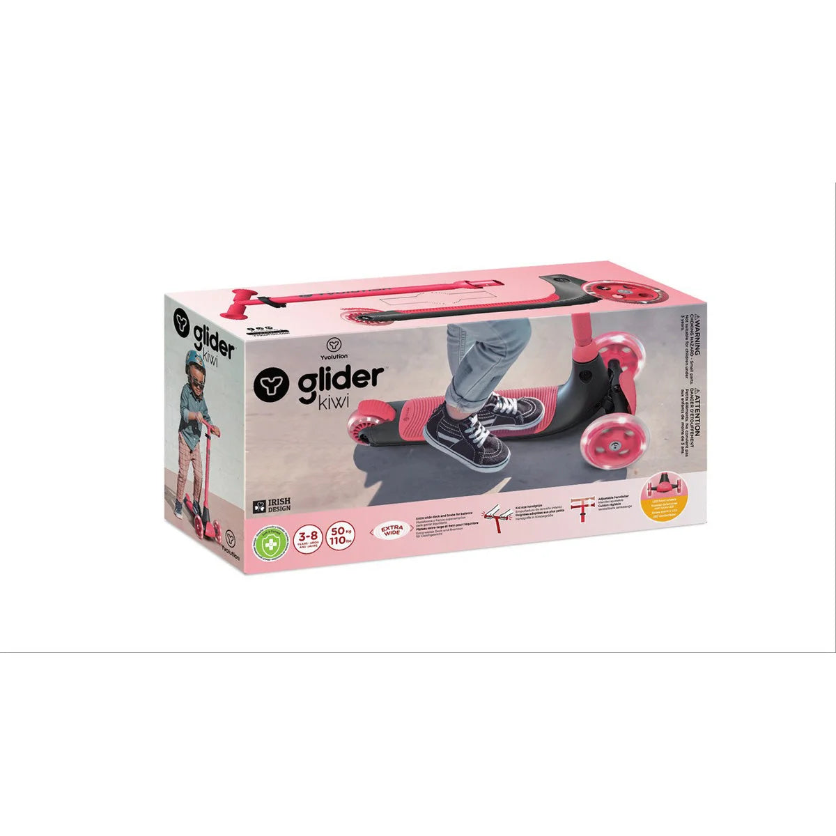 Rosa und graue Verpackung des Y Glider Scooters.