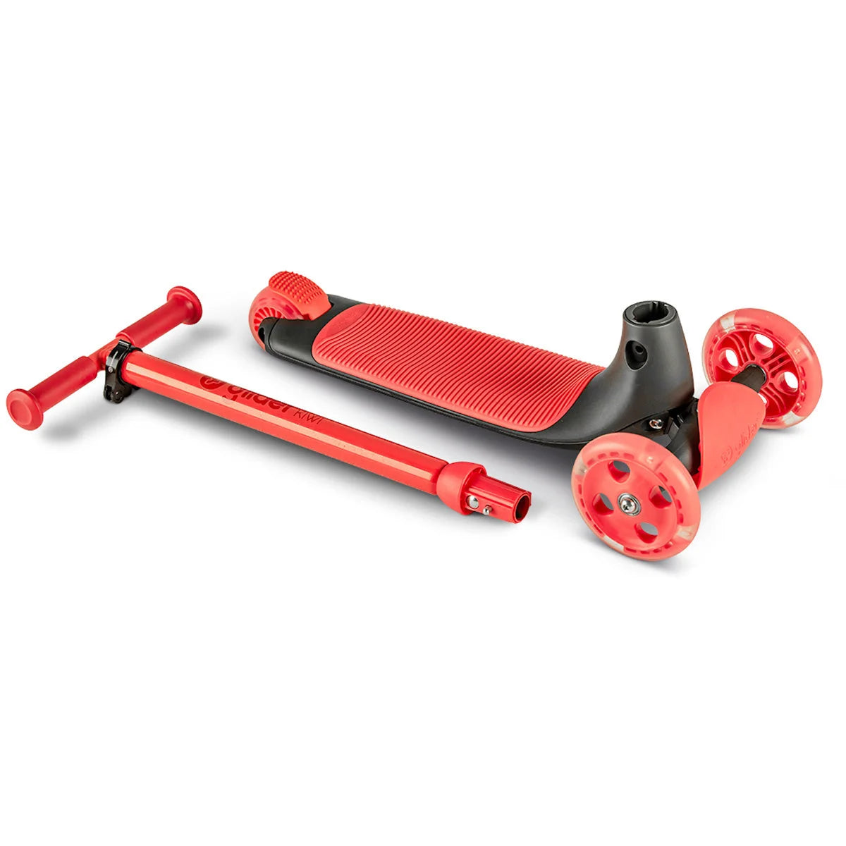 Roter klappbarer Tretroller mit beleuchteten Rädern.